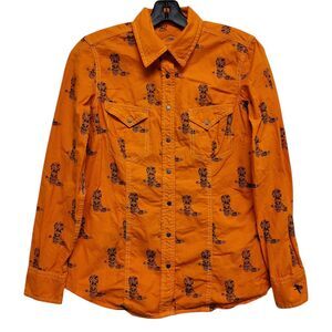 BARN FLY Trading Shirt Women Small Orange Blue Button Snap Cowboy Rodeo Western